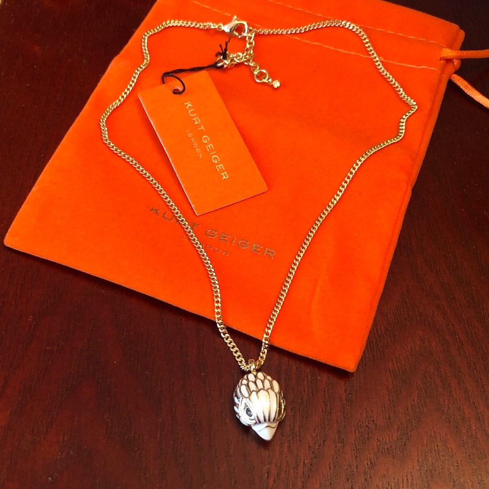 Kurt Geiger Gold Tone Necklace + Gold Tone & White Enamel Eagle Head Pendant NWT